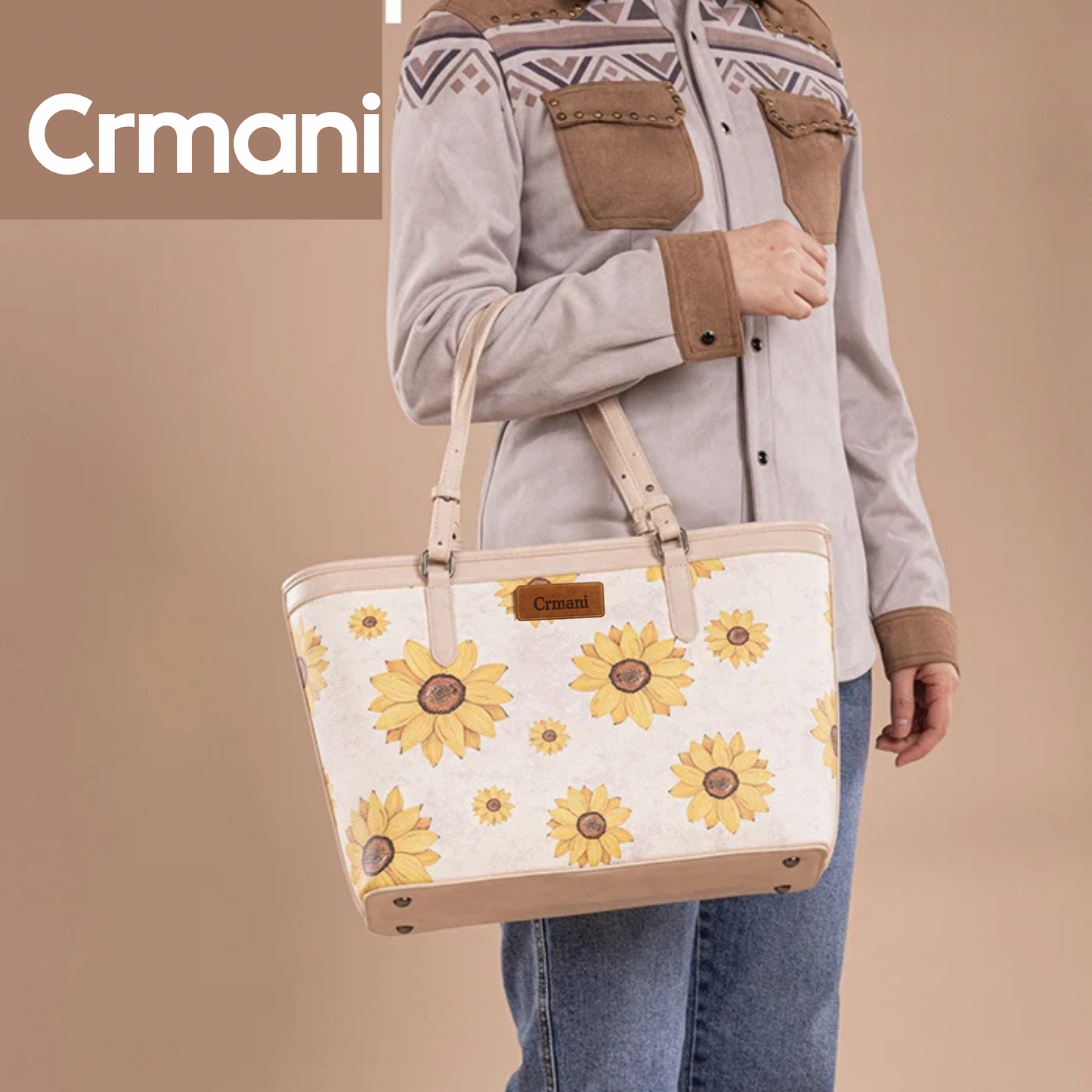 CRMANI SUNFLOWER PRINT WIDE TOTE BAG