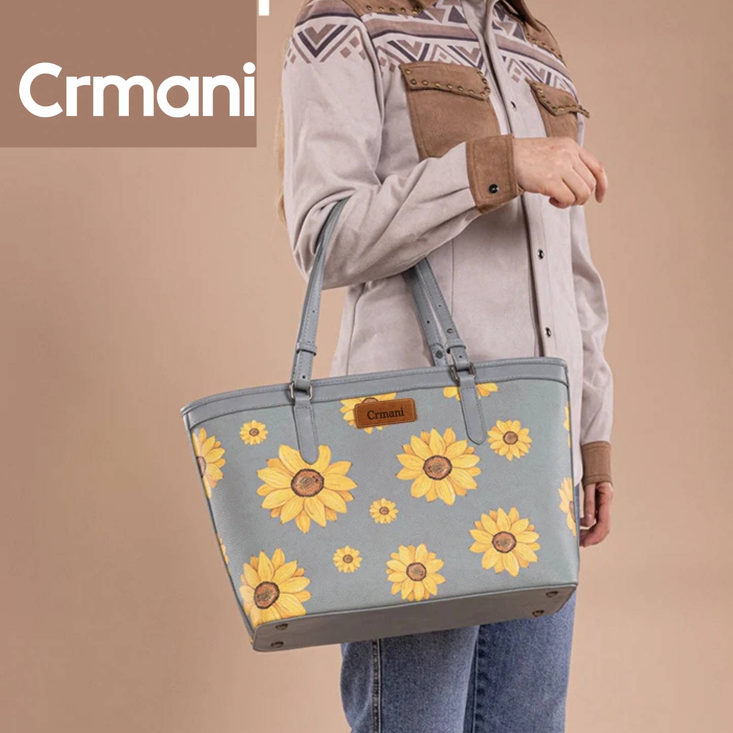 CRMANI SUNFLOWER PRINT WIDE TOTE BAG