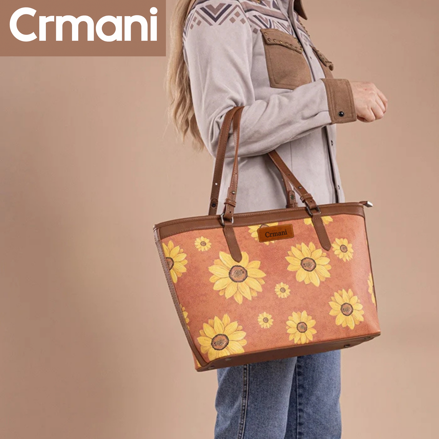 CRMANI SUNFLOWER PRINT WIDE TOTE BAG